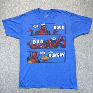 Marvel Deadpool T-Shirt Men’s Medium Blue “The Good The Bad The Hungry” Graphic